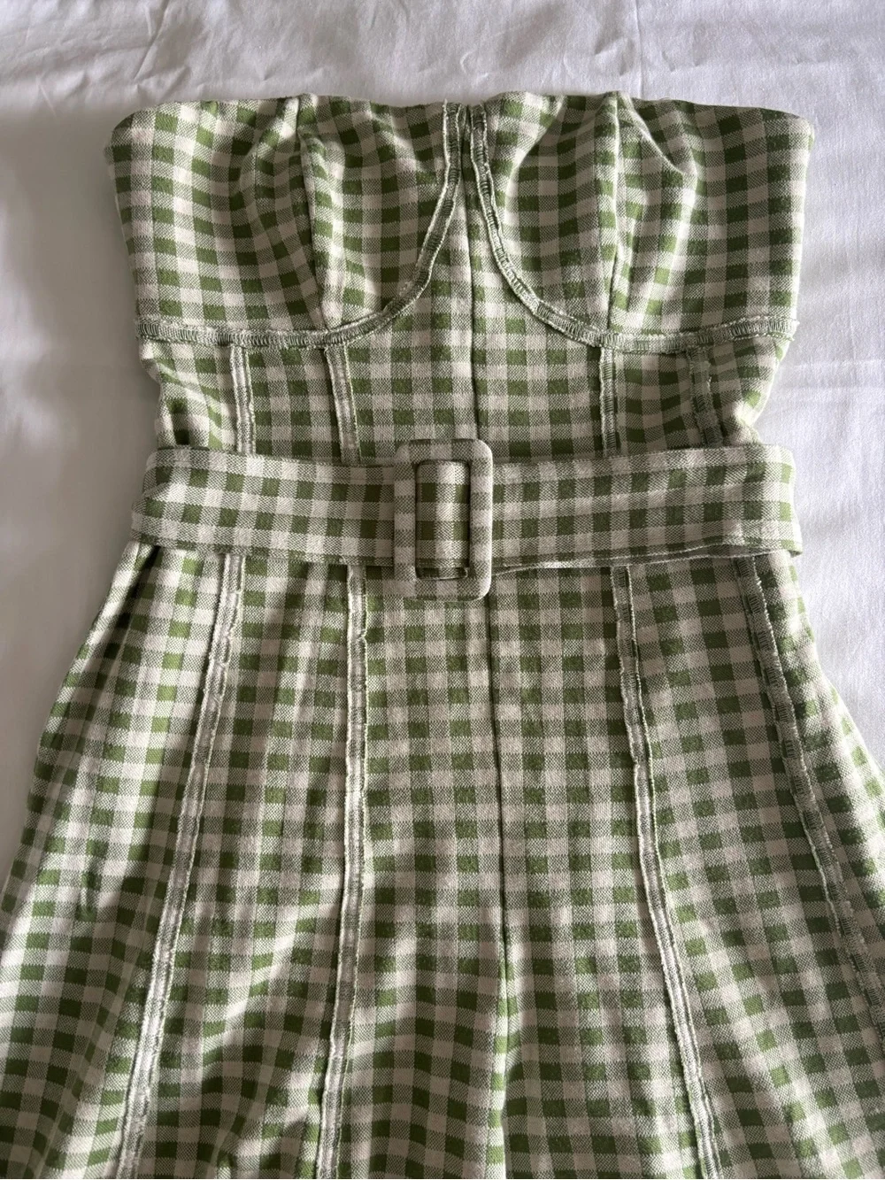 Free People Strapless Gingham Belted Midi Romper in Light Green and White